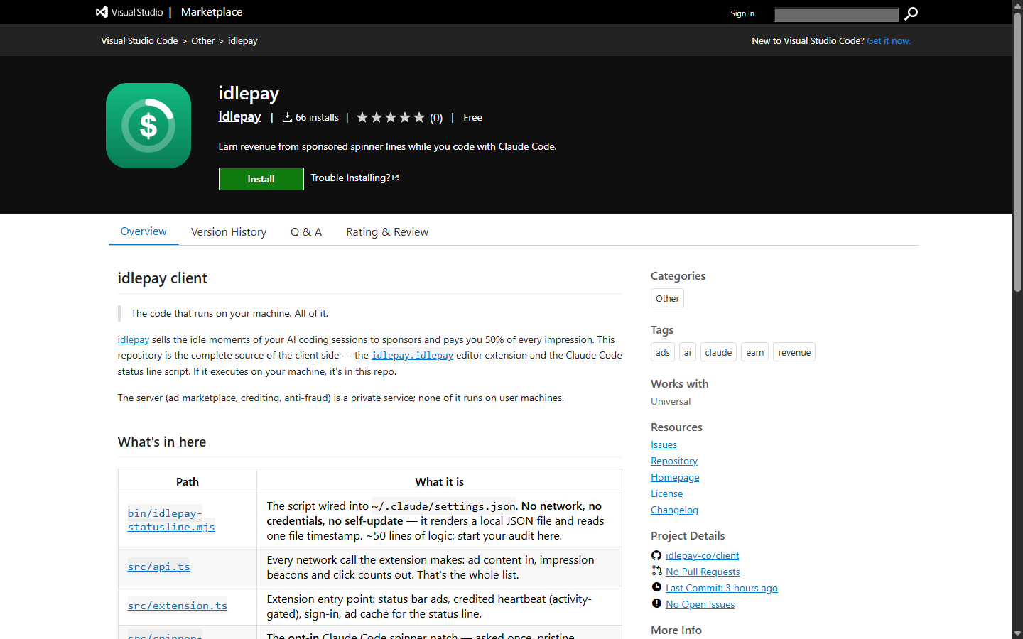 The extension on the VS Code Marketplace — free, open client, “no network, no credentials,” with auditable source code.